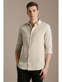 Louis Philippe - Beige Solid Collar Neck Shirt