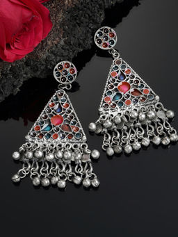 PANASH - Silver-Toned Oxidized Multicolored Enameled Geometric Shaped Drop Earrings