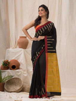 Angoshobha - Black & Yellow Cotton Blended Temple Jamdani Saree with Unstitched Blouse