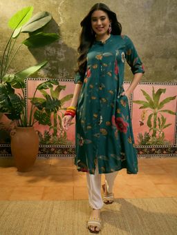 Four Steps - Green Foil Printed Rayon Aline Kurta
