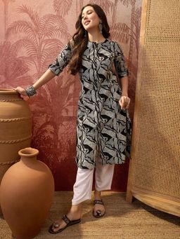 Four Steps - Black Abstract Printed Aline Kurta