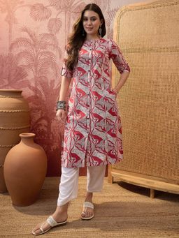 Four Steps - Red Abstract Printed Aline Kurta