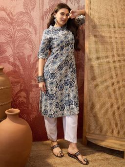 Four Steps - Blue Flower Printed Aline Kurta