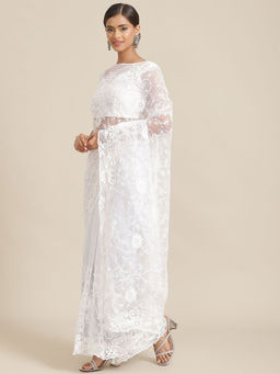 Odette - White Floral Embroidered Net Saree with Unstitched Blouse