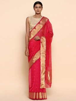 CHOWDHRAIN - Rani Pink Chanderi Saree with Unstitched Blouse Piece