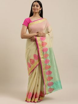 Sangam Prints - Beige Cotton Handloom Woven Work Traditional Saree with Unstitched Blouse