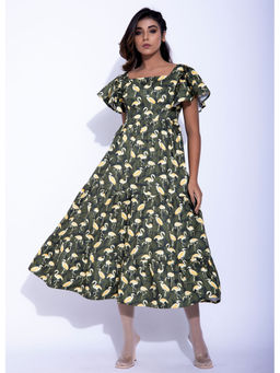 Moonstruck - Flamingo Print Dark Green Frill Sleeve Three Tier Midi Dress