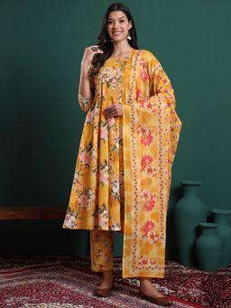 Yufta - Yellow Floral Print A-Line Maternity Kurta & Trouser With Dupatta