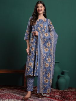 Yufta - Blue Floral Print Maternity A-Line Kurta & Trouser With Dupatta