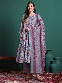 Yufta - Grey Floral Print Maternity A-Line Kurta & Trouser With Dupatta