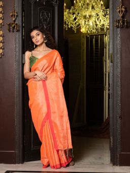 CHARUKRITI - Orange Tissue Handwoven Soft Saree with Unstitched Blouse