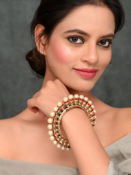 Silvermerc Designs - Gold Plated Kundan Pearl Heavy Gokhru Kada Bracelet