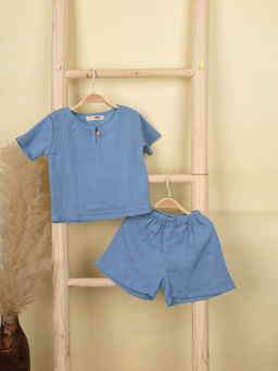 Moms Home - Organic Cotton Blue Textured Co-Ord (Set of 2)