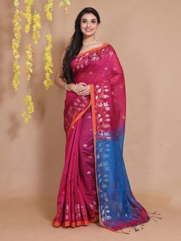 CHARUKRITI - Fuchsia Cotton Blend Handwoven Zari Motifs & Floral Borders Saree with Unstitched Blouse