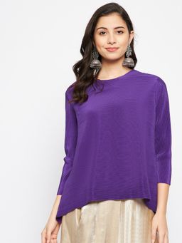 Uptownie - Pleated Three-Fourth Sleeve Flared Top-Purple