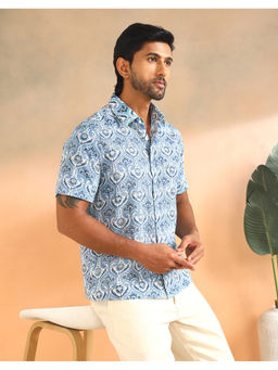 Fabindia - Blue Cotton Hand Block Printed Bush Shirt