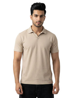 Bonjour - Men's Solid Beige Half-Sleeve Polo T-Shirt