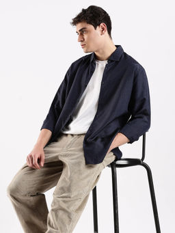 Calvin Klein - Navy Blue Self Design Slim Fit Rayon Shirt