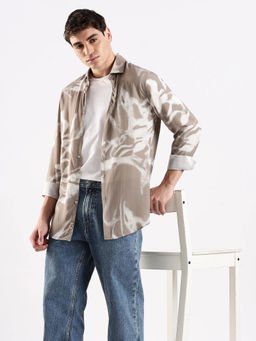 Calvin Klein - Beige Tie Dye Slim Fit Cotton Shirt