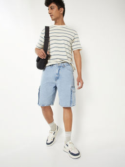 max - Men Washed Blue Denim Cargo Shorts