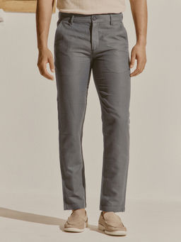 Andamen - Men Grey Cotton Linen Herringbone Regular Fit Trouser