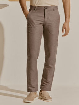 Andamen - Men Brown Cotton Linen Herringbone Regular Fit Trouser
