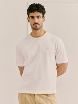 Andamen - Men White Cotton Stretch Pique Relaxed Fit Crew T-Shirt