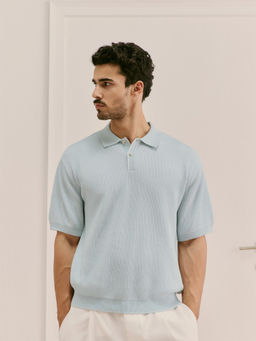 Andamen - Men Blue Pure Cotton Melange Relaxed Fit Polo T-Shirt