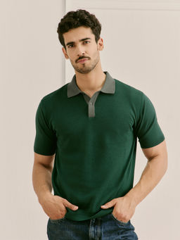 Andamen - Men Green Pure Cotton Waffle Regular Fit Polo T-Shirt
