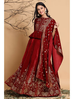 Juniper - Maroon Velvet Ethnic Motif Printed Lehenga Choli & Dupatta Set