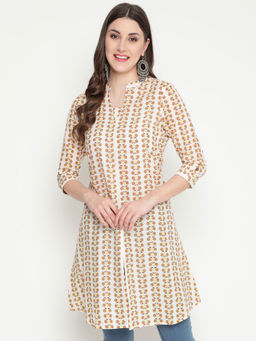 SAVI - Floral Printed A-Line Cotton Kurta White & Orange