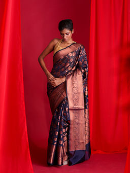 Beatitude - Navy Blue Woven Banarasi Saree with Unstitched Blouse