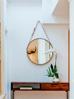 CasaGold - 18 Inch Tan Leather Round Hanging Mirror with Belt