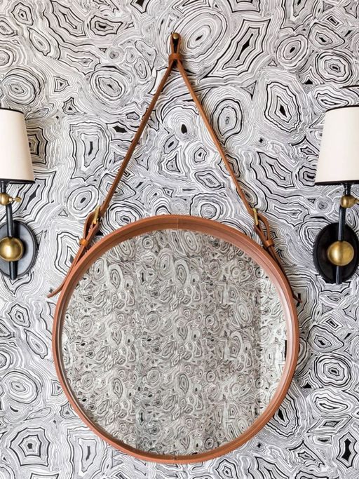 CasaGold 24 Inch Tan Leather Round Hanging Mirror with Belt