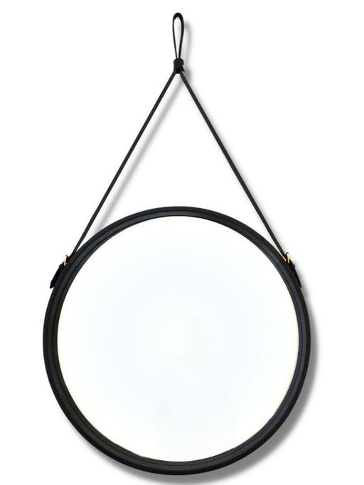 CasaGold 24 Inch Black Leather Round Hanging Mirror with Belt