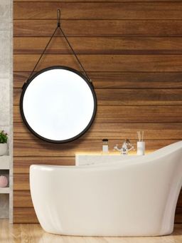 CasaGold - 36 Inch Black Leather Round Hanging Mirror with Belt