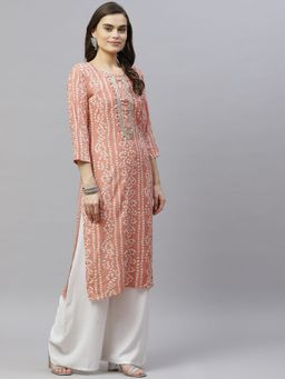 Miravan - Women's Printed & Embroidered Straight Peach Kurta (5XL)
