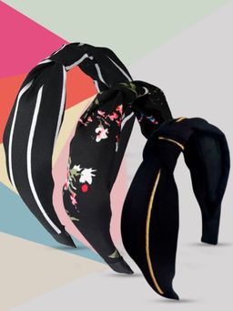 OOMPH - Combo of 3 Black Knotted Floral and Stripes Fashion Hair Band Head Band