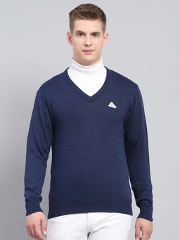 Monte Carlo - Mens Solid Navy Blue V-Neck Full Sleeve Sweater