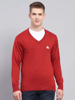 Monte Carlo - Mens Solid Red V-Neck Full Sleeve Sweater