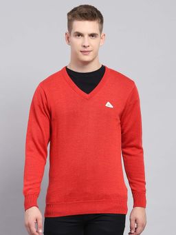 Monte Carlo - Mens Solid Red V-Neck Full Sleeve Sweater