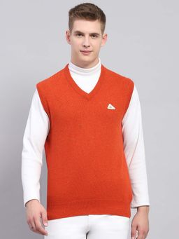 Monte Carlo - Mens Solid Orange V-Neck Sleeveless Sweater