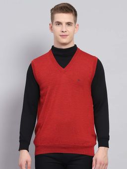 Monte Carlo - Mens Solid Red V-Neck Sleeveless Sweater