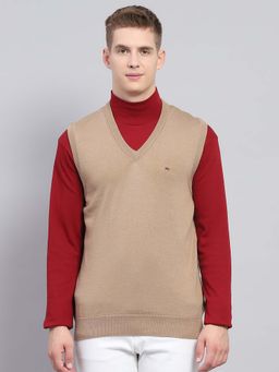 Monte Carlo - Mens Solid Beige V-Neck Sleeveless Sweater