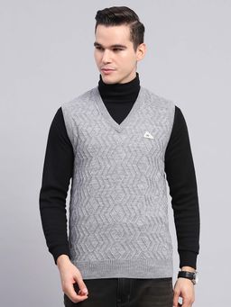 Monte Carlo - Mens Grey Self Design V-Neck Sleeveless Sweater