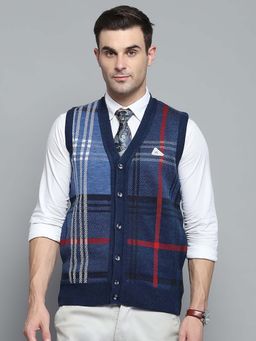 Monte Carlo - Mens Checkered Blue V-Neck Sleeveless Cardigan