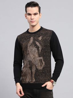 Monte Carlo - Mens Black Self Design Round Neck Full Sleeve Sweater