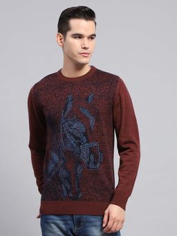 Monte Carlo - Mens Wine Self Design Round Neck Full Sleeve Sweater