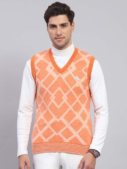 Monte Carlo - Mens Orange Self Design V-Neck Sleeveless Sweater