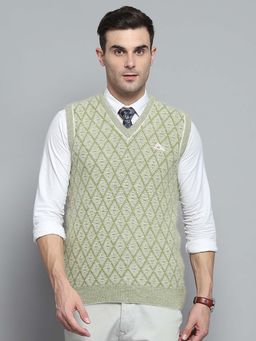 Monte Carlo - Mens Self Design Green V-Neck Sleeveless Sweater